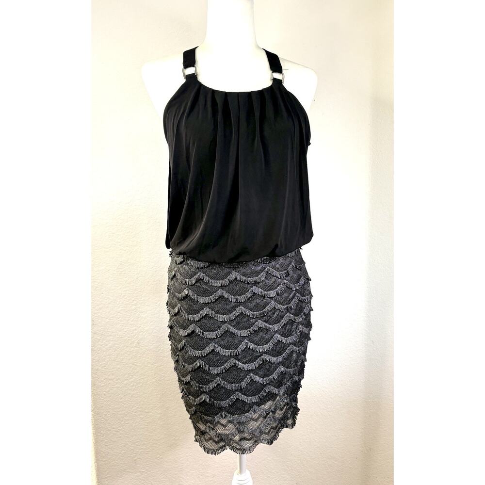 GUESS Women's Cocktail Dress Sz 6 Black Blouson Metallic Silver Shimmer Fringe